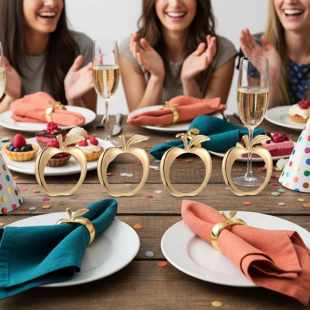 Exquisite Apple-Shaped Napkin Rings with Leaf and stem - Elegant rosh hashanah Table Decor for Formal Dinners and Holiday Celebrations - Set of Polished Metal Rings for Napkins (12, Gold Apple)