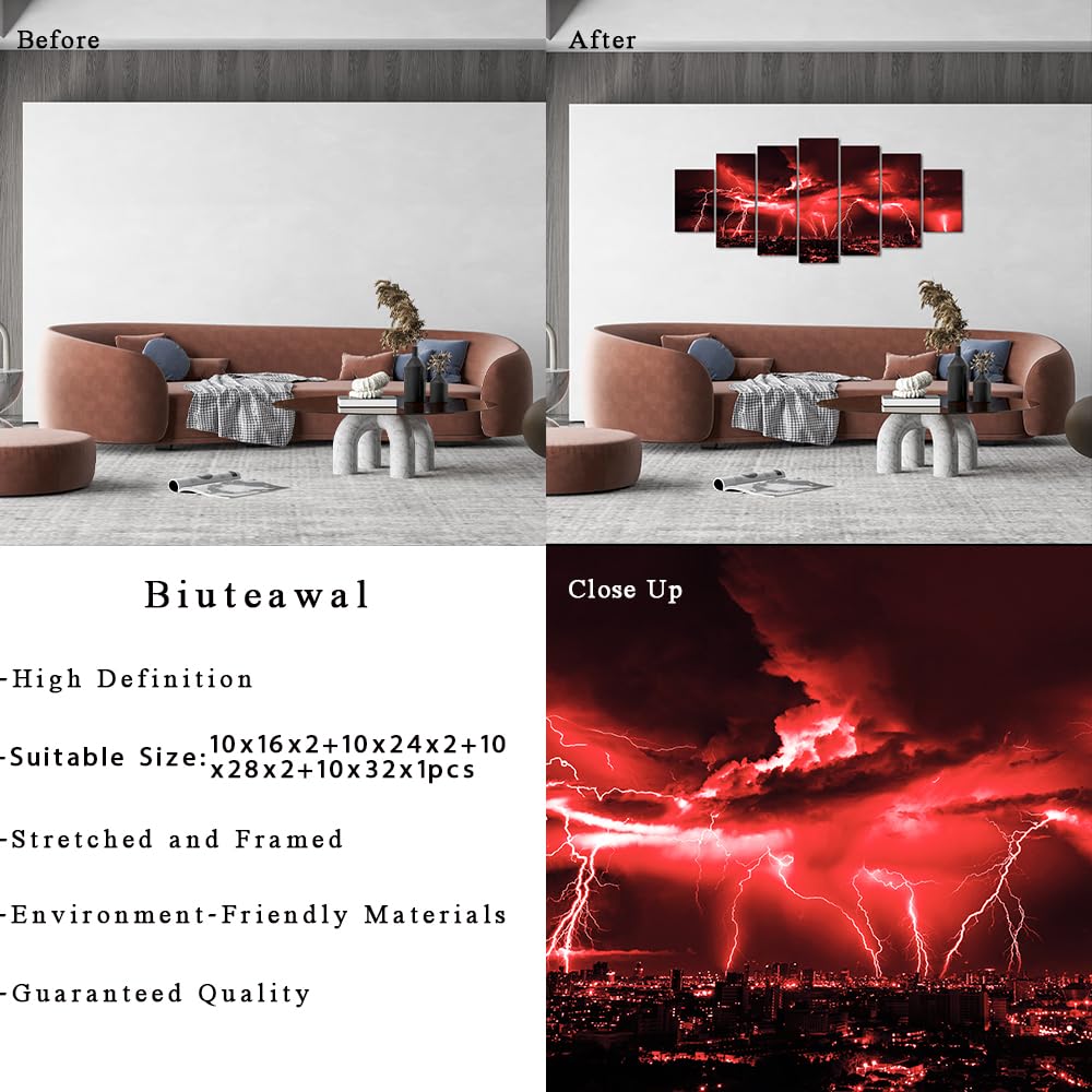 Biuteawal Large 7 Piece Black and Red Wall Art Lightning Strikes Cityscape Night Pictures Canvas Print Nature Storm City Skyline Painting Artwork for Home Living Room Decoration