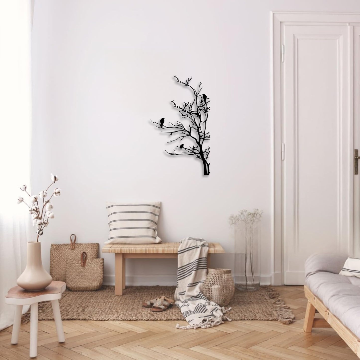 LIYOUYA Bird on a Branch Metal Wall Decor - Rustic Farmhouse Room Decor Simple Black Wall Art Home Decor for Living Room, Bathroom, Bedroom, Dining Room, Garden, Courtyard (Black)