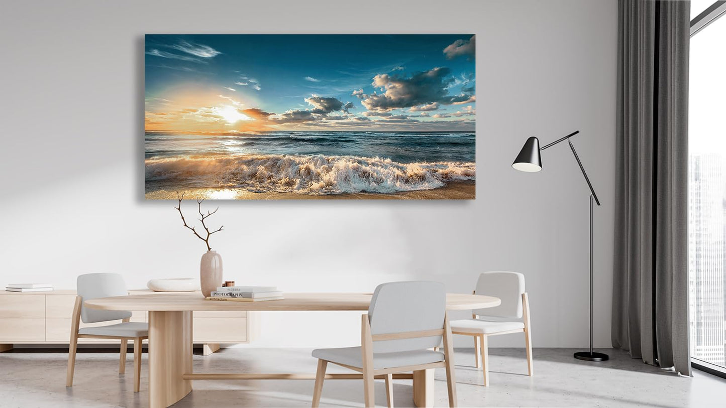yearainn Sunset Beach Wall Art - Sea Beach Canvas Pictures Blue Ocean Wall Decor Coastal Waves Painting Nature Landscape Print Artwork for Living Room Bedroom Bathroom Home Office Decoration 24" x 48"