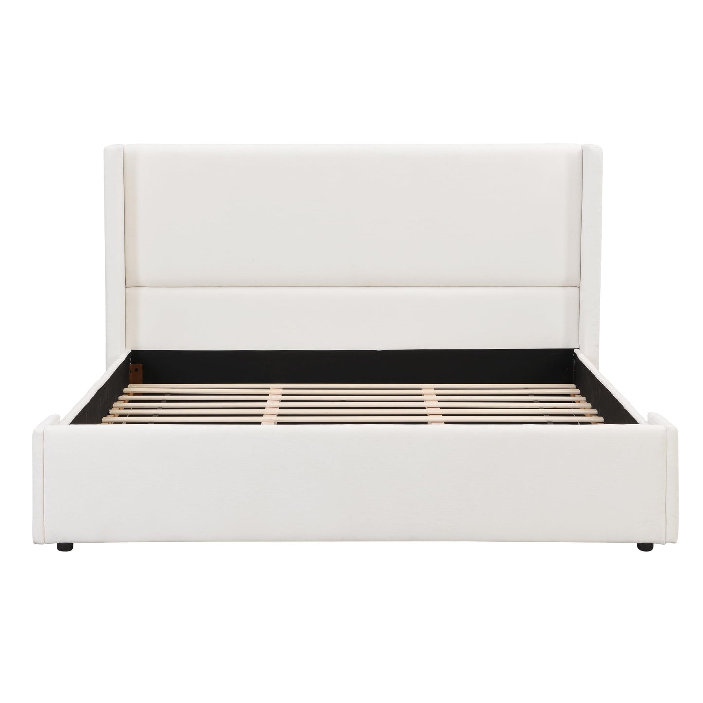 Merax King Size Bed Frame, Elegant White Upholstered Platform Bed with 41.1" Tall Wingback Headboard for Bedroom, Solid Wood Slats Support, No Box Spring Needed, Easy Assembly