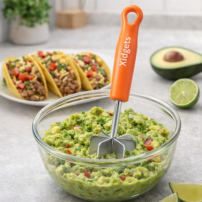 Stainless Steel Mini Meat Chopper & Masher | 6-Blade Ground Beef Chopper Tool | Small Hamburger Smasher | Compact Ergonomic Handle | Dishwasher Safe - 7" (Retro Orange Mini)