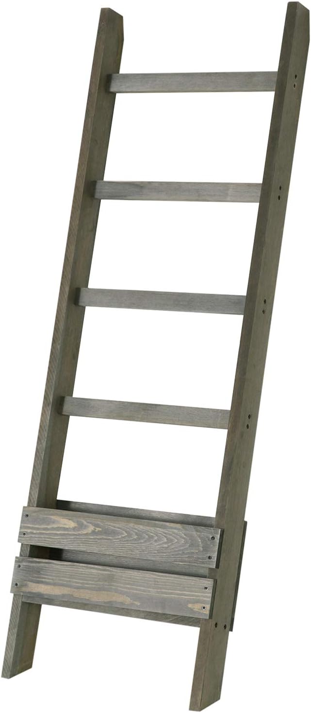 MyGift Blanket Ladder with Storage Shelf, Wooden Blanket Holder Rack, Decorative Ladder Shelf, Drying and Display Rack for Bathroom, Living Room, Gray