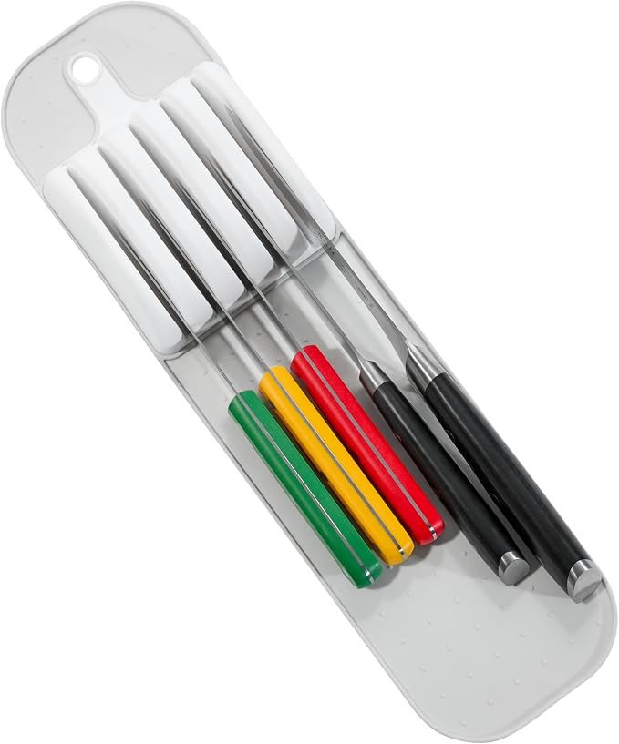 madesmart Knife Mat, Soft-Grip Slot Organizer for 5 Knives, Non-Slip Drawer Insert Protects Blades and Drawers, Space-Saving Kitchen Knife Storage, Grey