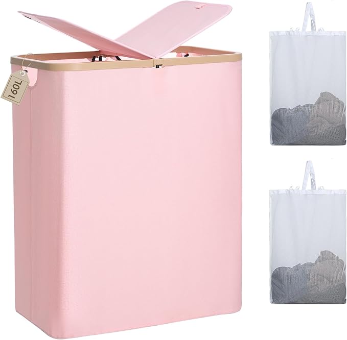 DOKEHOM 160L Extra Large Laundry Hamper with Lid, 2-Section Double Laundry Basket with Removable Mesh Liner Bags, Collapsible Clothes Sorter for Family, Bedroom, Laundry Room, Pink