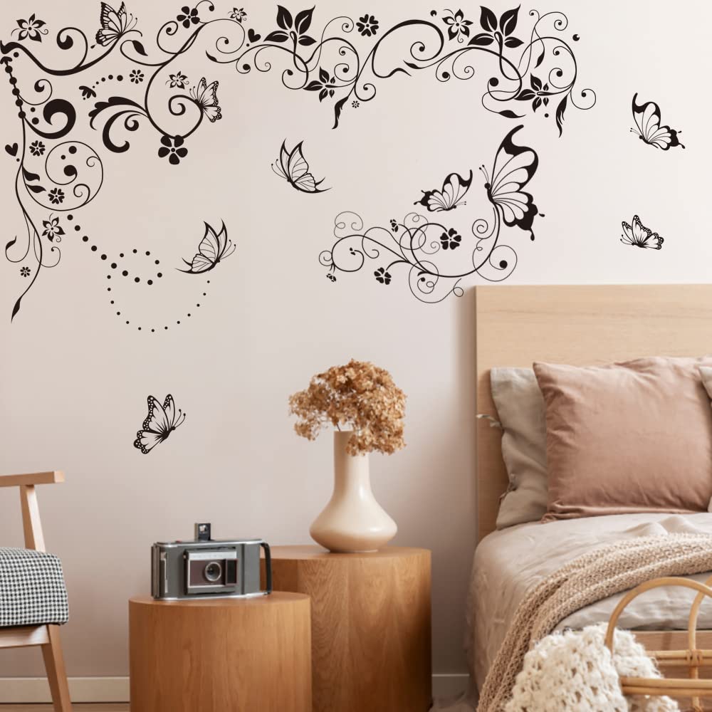 Runtoo Hanging Flower Vine Wall Stickers Black Floral Butterfly Wall Decals for Bedroom Living Room Home Decor
