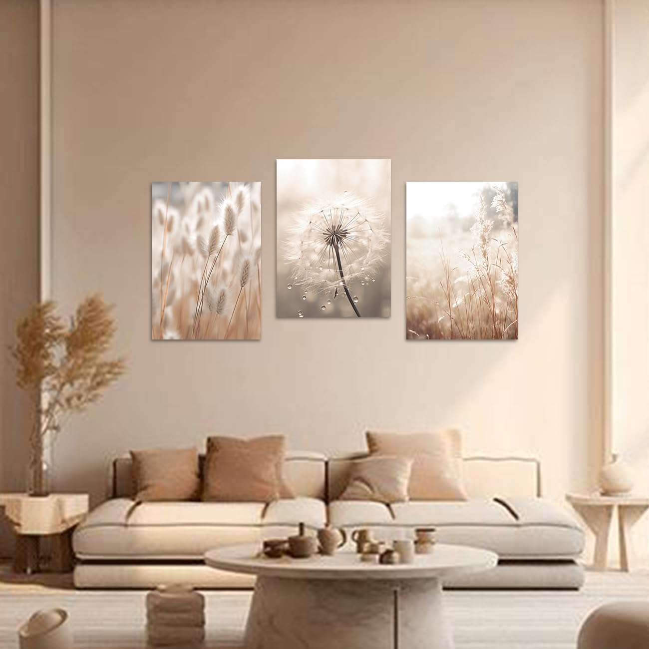 CXHOSTENT Dandelion Canvas Wall Art 3 Piece Beige Botanical Dandelion Reed Grass Painting Prints Nordic Posters Nature Plant Wildflower Picture (Nature-2, 11.00"x14.00"x3P)