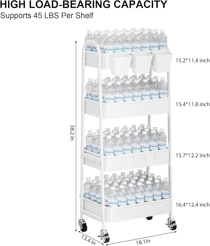 White 4 Tier Rolling Cart Metal with Wheels, Heavy Duty Utility Storage Organizer Carts on Wheels, Four Tiered Roller Cart for Kitchen, Book, Snack, Craft, Art, Dorm, Large Capacity Basket, 38in Tall