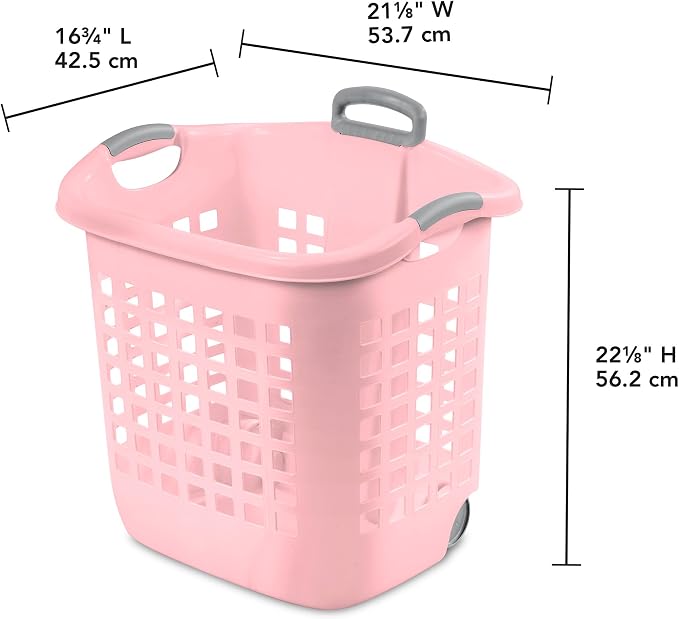 Sterilite 4 Pack Ultra Wheeled Laundry Basket, Plastic Clothes Hamper Bin with Wheels and Retractable Handle, 1.7 Bushel Capacity, Pink Frost