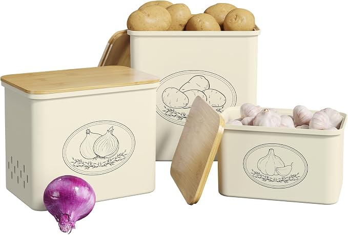 Lifewit Onion and Potato Storage Bin with Aerating Holes and Lid, Stackable Garlic Keeper, Plastic Vegetable Container Box for Kitchen, Beige, Set of 3