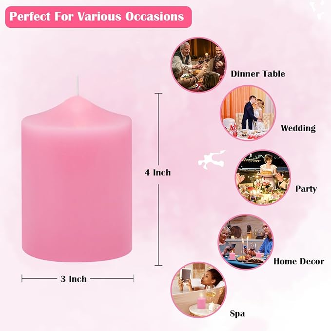 Unscented Pink Pillar Candles, 45 Hour 3x4 Inch Dripless Tapered Fat Column Cylinder Candles for Valentine's Day Home Party Holidays, 3 Packs