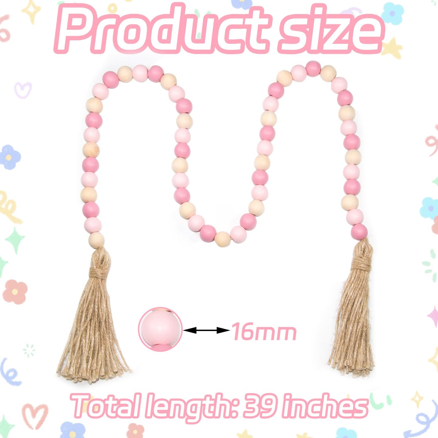 Wood Beads Garland with Tassels, 1 Pcs Farmhouse Rustic Country Decor Prayer Beads Boho Chic for Farmhouse, Wall Hanging, Home Decoration (Gold, 39 Inch)