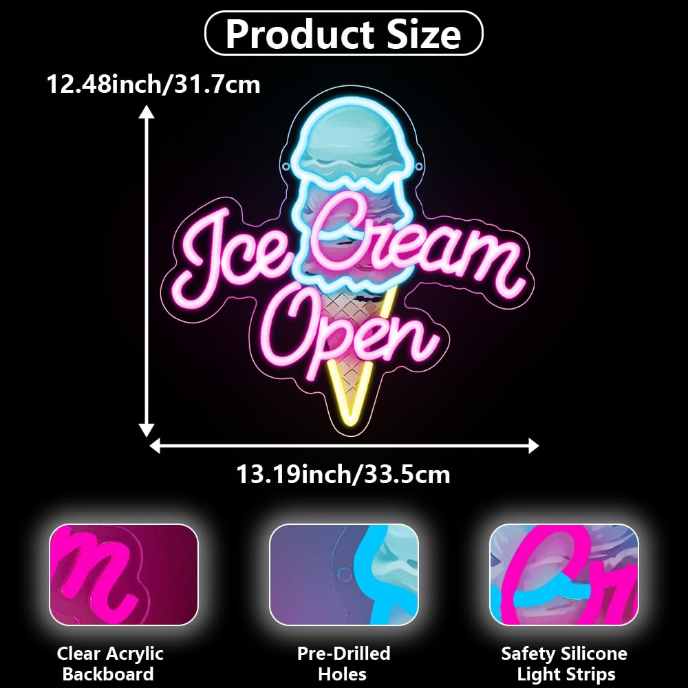 Ice Cream Neon Open Signs,Ice Cream Neon Signs for Wall Decor,Adjustable Brightness Led Neon Open Signs for Business Store,Cafe,Bar,Party,Bedroom Decor,Birthday,Christmas