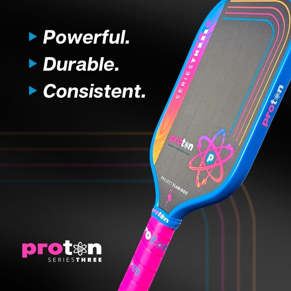 Proton Series Three Project Flamingo Pickleball Paddle - 15mm Velocity Core & Carbon Fiber Face (Pink, Widebody)