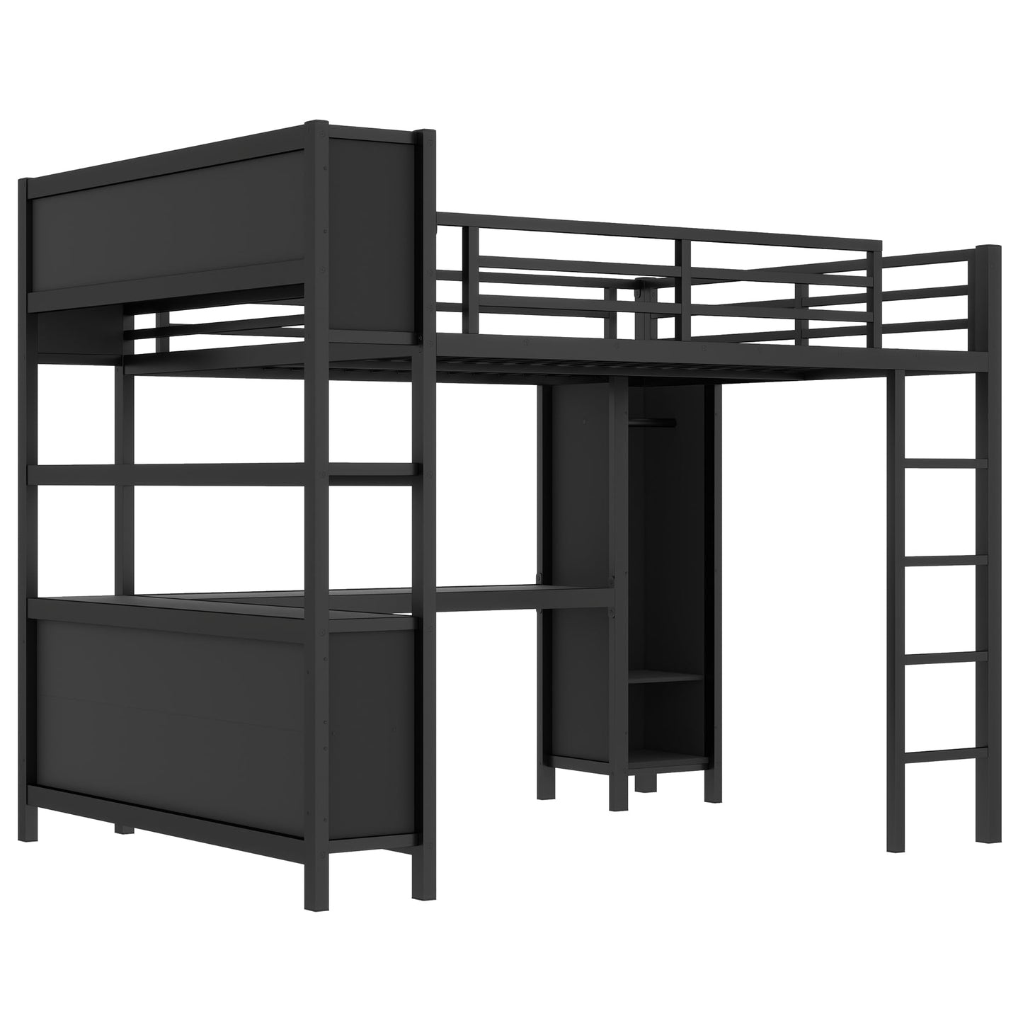 Queen Loft Bed Frame with Wardrobe and Storage Cubes, Queen Size Loft Bed with Desk and Storage Shelf, Heavy Duty Loft Beds with Guardrail, Noise Free Design, Adult Loft Bed Frame, Black