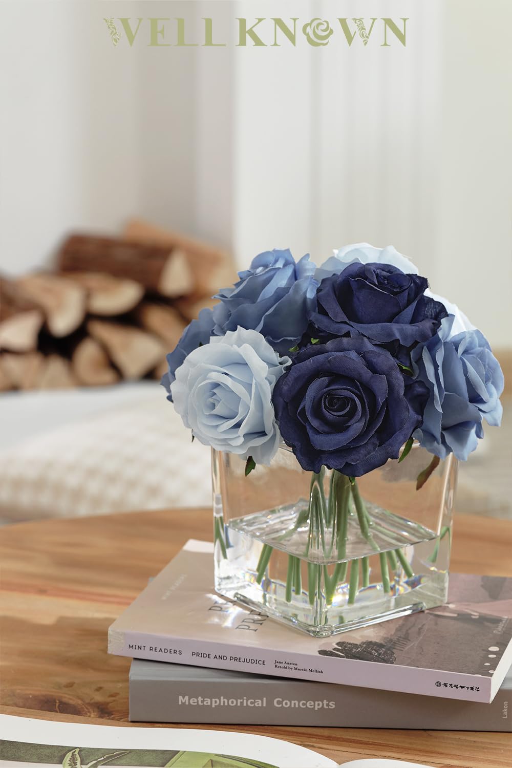 WELL KNOWN Rose Artificial Flowers in Vase with Faux Water, Silk Rose Table Centerpieces for Home Coffee Table Decor, Fake Roses Flower Arrangements for Office Hotel Lavatory Decor (Blue)
