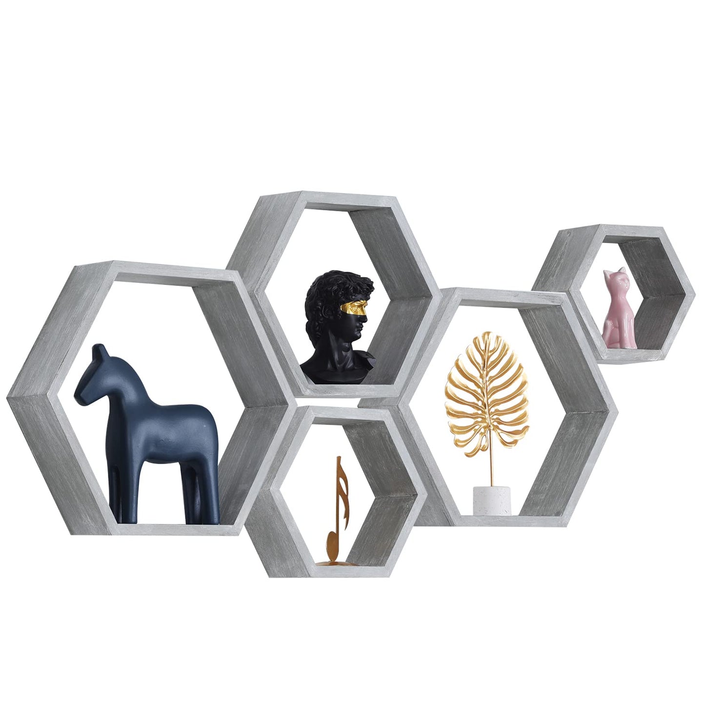 PHOENANCEE Hexagon Floating Shelves,Wall Mounted Wood Farmhouse Storage Honeycomb Wall Shelf Set of 5,for Bathroom, Kitchen, Bedroom, Living Room,Office,Driftwood Finish (Vintage Grey)