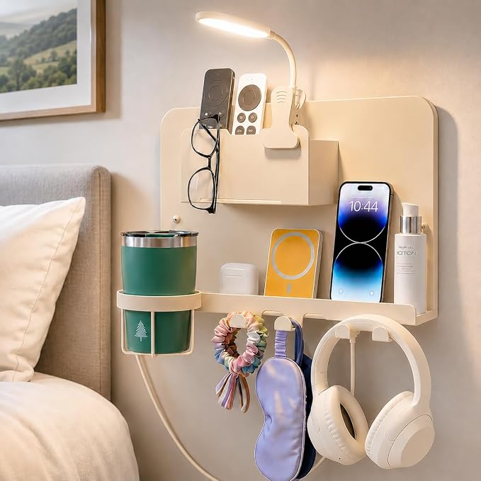 Metal Bedside Wall Shelf, Bedside Floating Shelf Wall Organizer with Detachable Cup Holder, No Drill Wall Mount for Bedroom, Dorm Room Decor, Nightstand Alternative, Bunk Bed Accessories, RV Storage