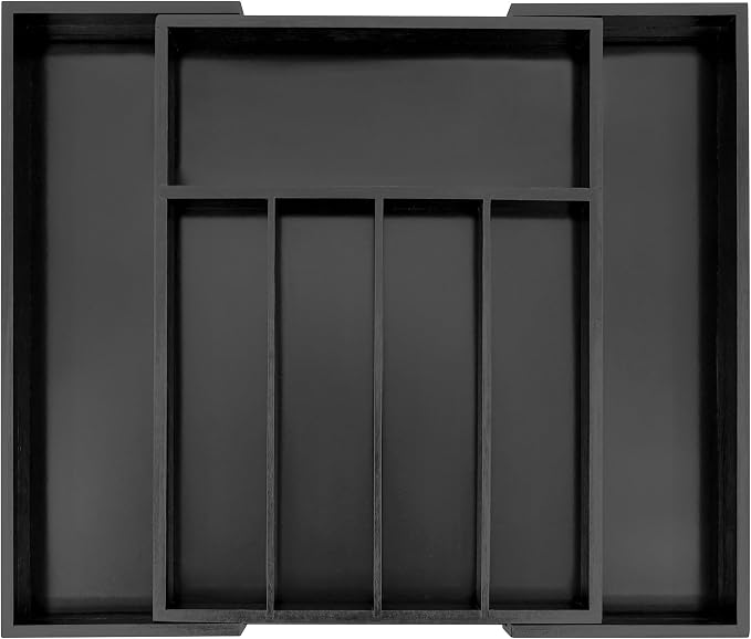 VaeFae Bamboo Drawer Organizer, Expandable Silverware Drawer Organizer, Cutlery Tray with Dividers for Kitchen Utensils (Black, Medium)
