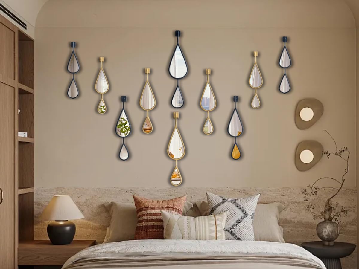 BAODANFU Wall Mirror Decorative Mirrors Mounted Decor Tear Drop Shape Gold for Bedroom Living Room Entryway Bathroom Vanity Brassy Gold Metal Frame, 5-Pack Mirrors Set
