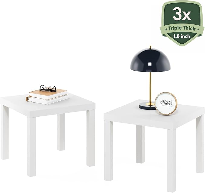 Furinno Classic Toolless Assembly Square Side Table Set of 2, White End Table with 1.8 Thick Tabletop, Night Stand, Bedside Table, for Living Room, Bedroom, Plain White