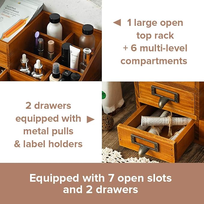 Wooden Farmhouse Makeup Vanity Tray - Rustic Skincare & Perfume Organizer - Bathroom Countertop Storage Box