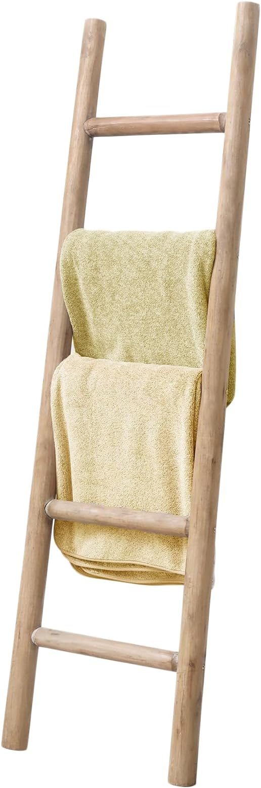 Wooden Blanket Ladder Natural & Motley Wood - Leaning Wall Decor for Bedroom, Bathroom, Living Room - Rustic Quilt Holder & Towel Rack (Natural Wood Color 57in, 57in | Fully Assembled)