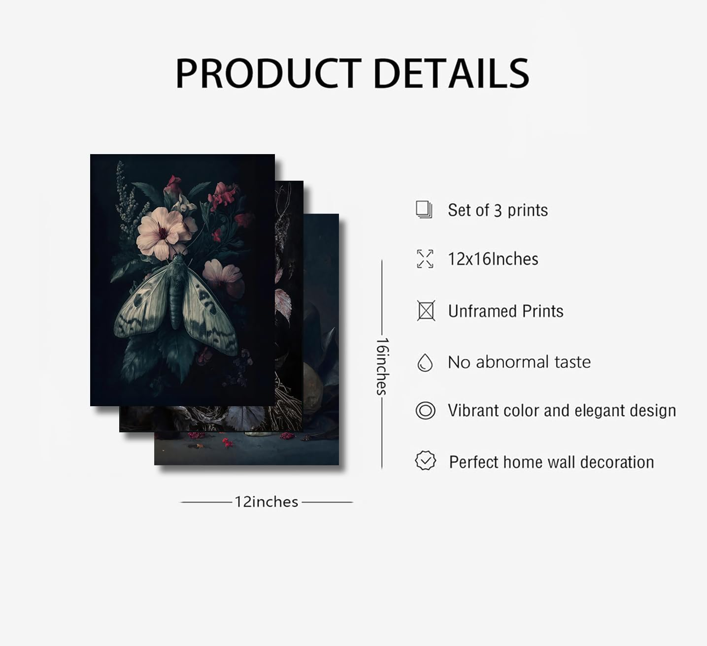 ASEKBWL 3Pcs Gothic Poster Wall Art Dark Academy Moth Rose skull Horror Painting Picture Wall Decor Creepy Moody Halloween Canvas Print Artwork for Bathroom Living Room Study Home Decoration Unframed