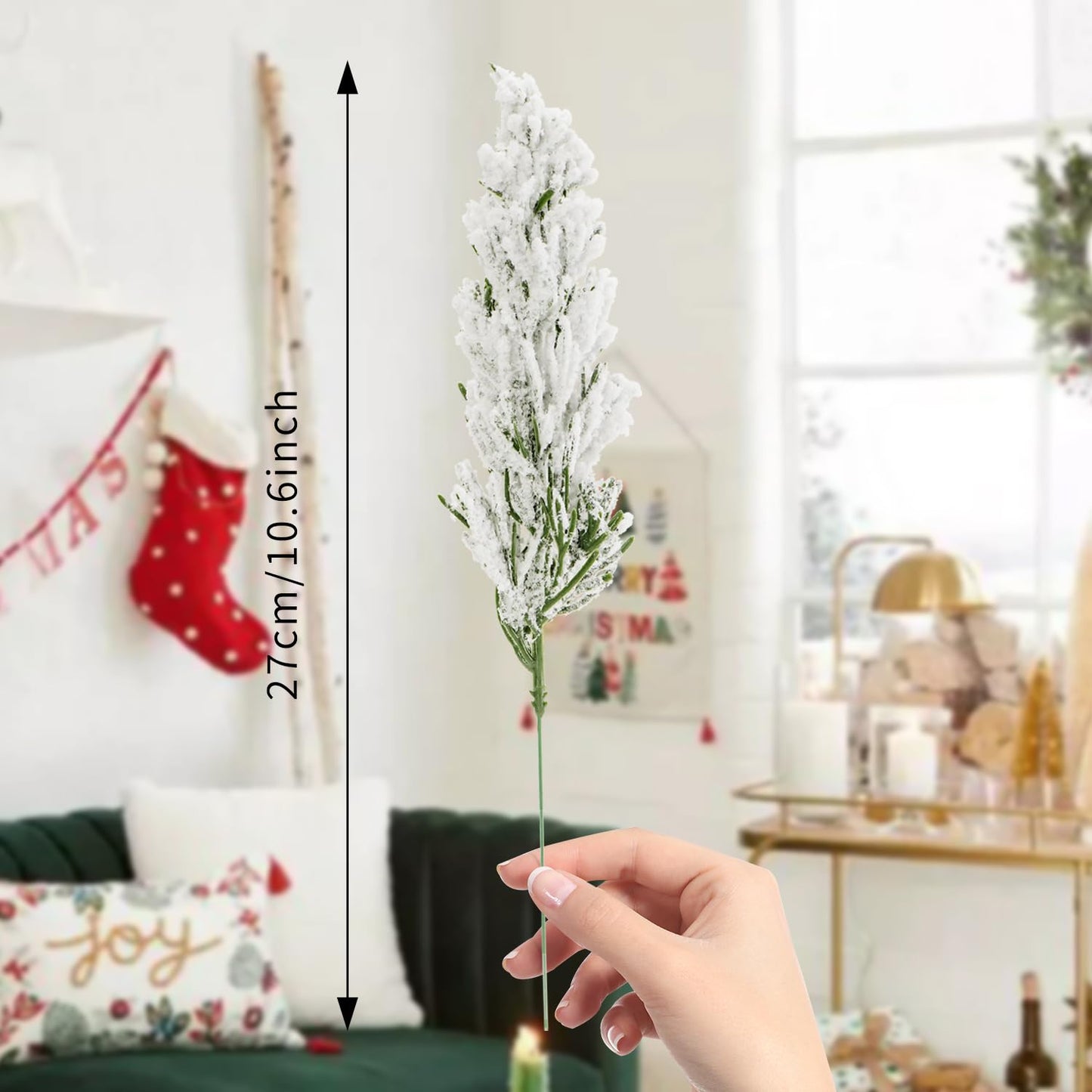 24 Pcs Christmas Snowy Artificial Pine Branches,10.5" Faux Frosted Evergreen Norfolk Pine Sprigs Cypress Leaves Fake Foliage Greenery Picks for Xmas Wreath Making DIY Crafts Decor (24, Snow White)