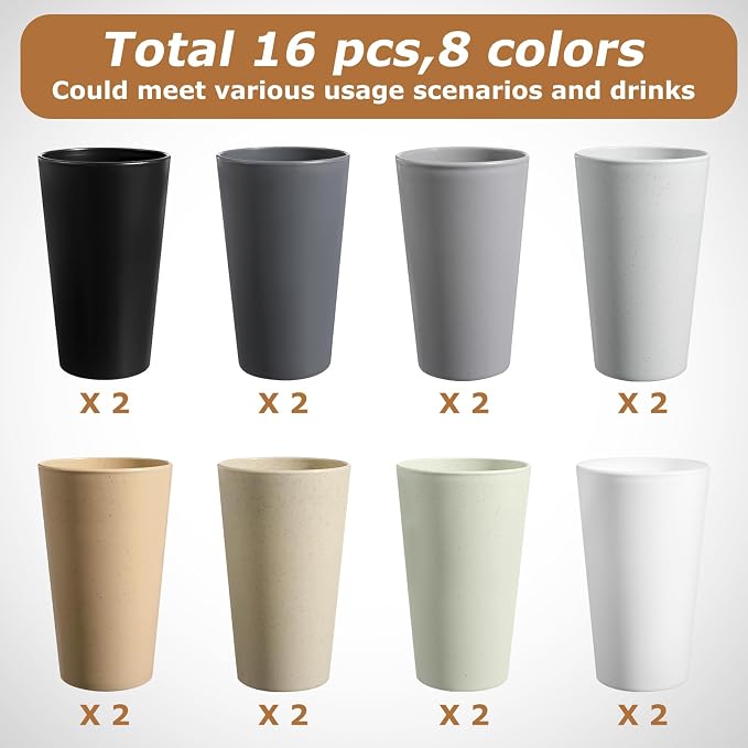 HEYCOME Set of 16 Wheat Straw Cups, 16 Pcs 20 oz Unbreakable Drinking Cups, Reusable Plastic Cups Sets, Water Glasses Tumblers, Microwave & Dishwasher Safe, Bpa Free, 8 Colors