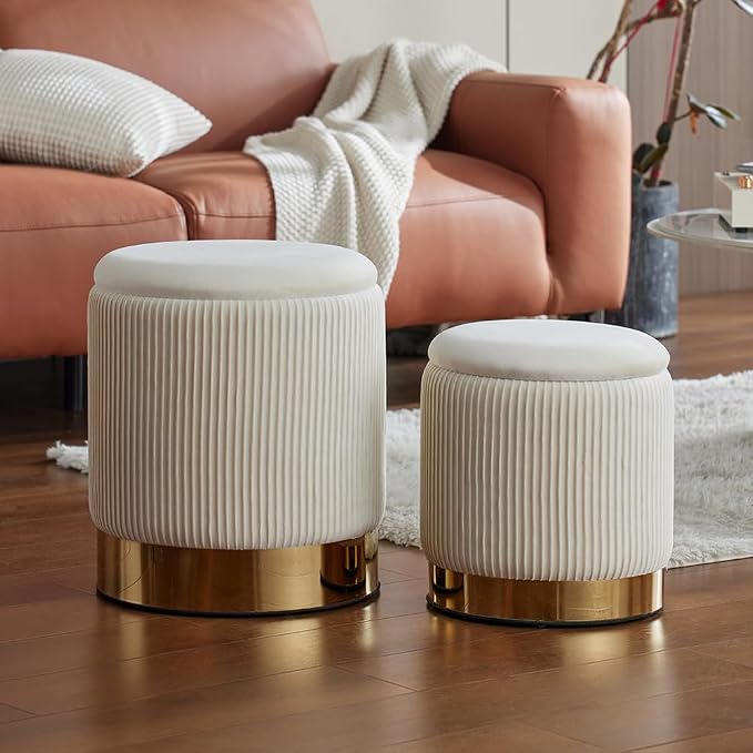 YYW HOME Round Ottoman with Storage Set of 2 Vanity Stool Foot Rest with Removable Lid White Velvet Storage Ottoman Stool for Living Room and Dorm