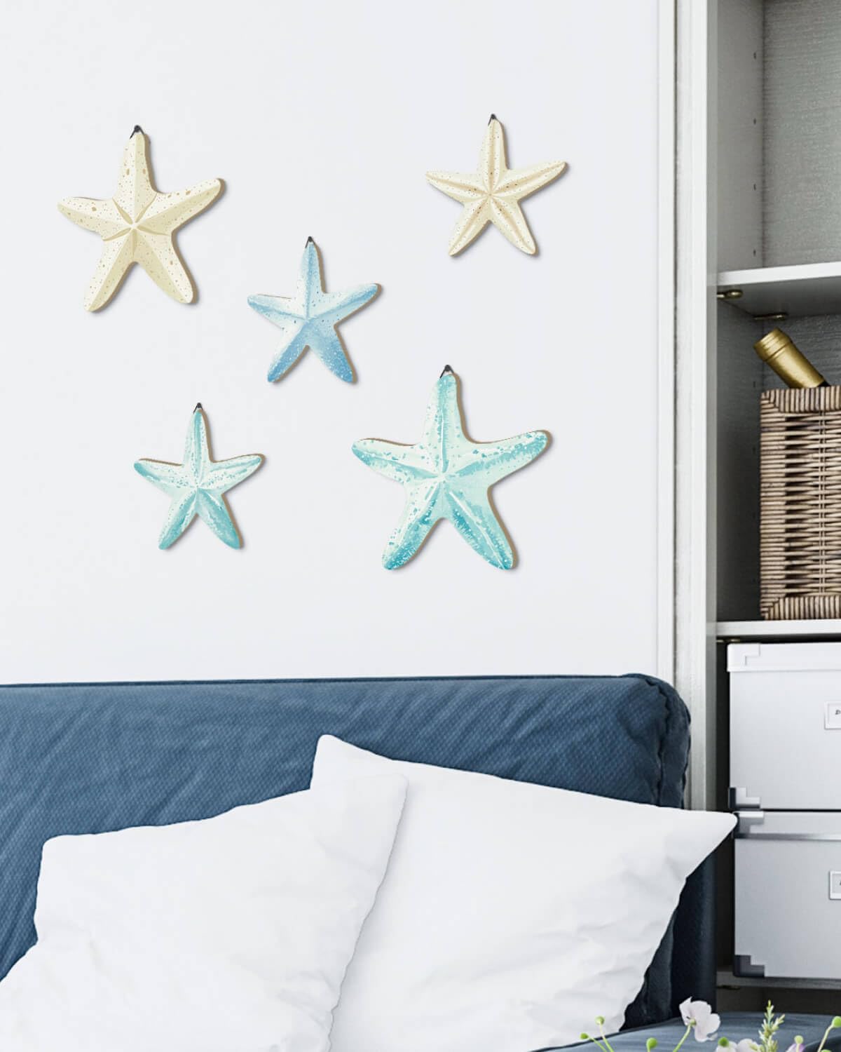 Putuo Decor Coastal Nautical Starfish MDF Wall Art Set of 5 Beach Wall Decor Coastal Hanging Décor for Bathroom, Living Room, Patio (Flat, It's Not 3D, Not Real Starfish)