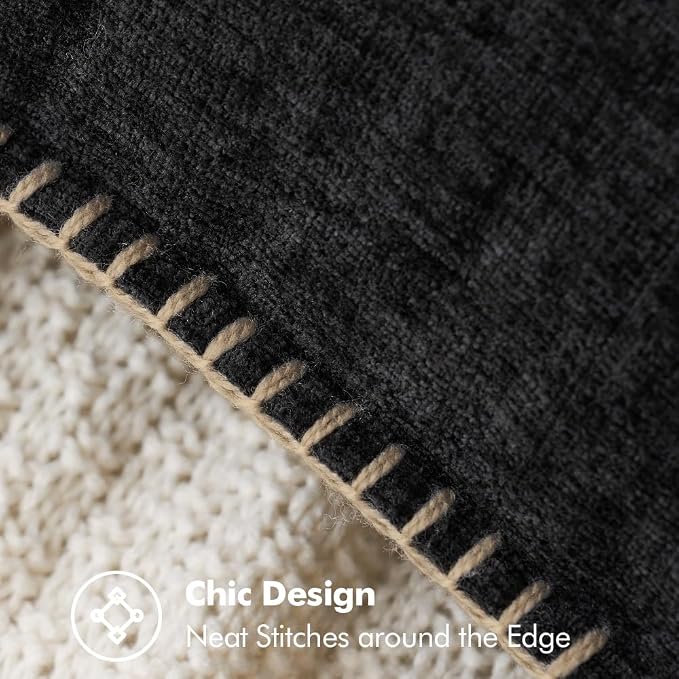 MIULEE Pack of 2 Lumbar Throw Pillow Covers 12x20 Inch Black Farmhouse Decorative Pillow Covers with Stitched Edge Soft Chenille Solid Dyed Pillow Covers for Couch Sofa Bed Living Room