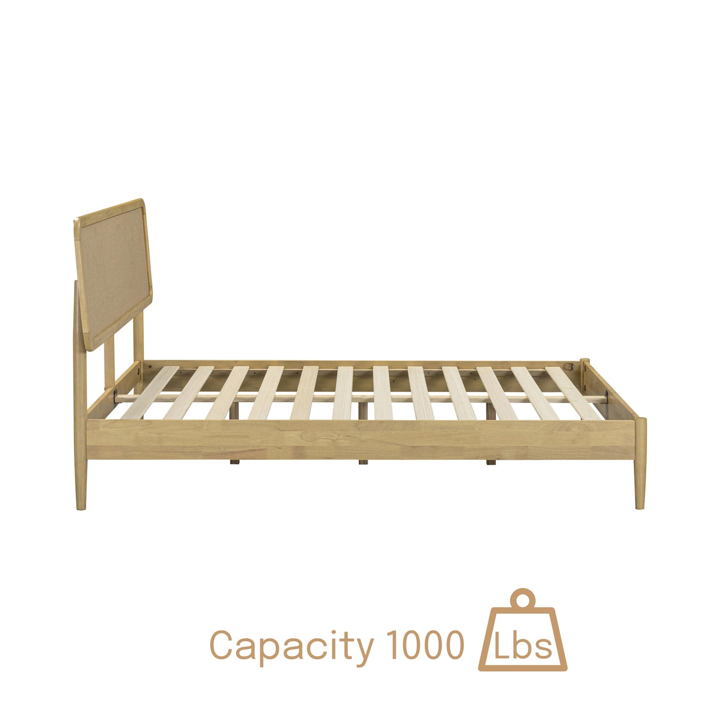 NTC Lupin Wooden Bed Frame with Headboard, Solid Oak and Rubber Wood Foundation with Silent Slats and Wood Central Supports, 1000 Lb Capacity, Queen - Sand