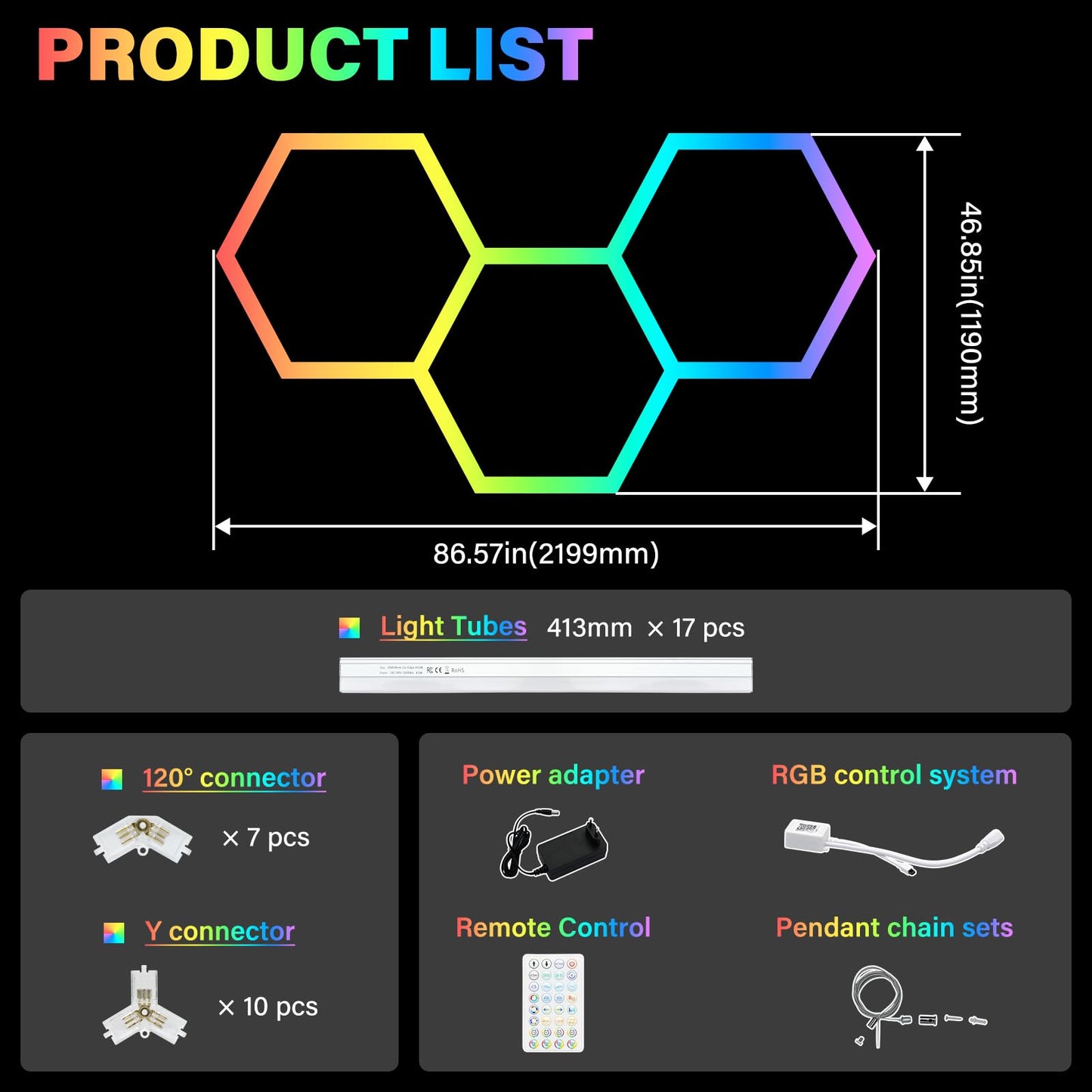 ALLYES Hexagon RGB Lights - Smart RGB LED Wall Lights with Music Sync, DIY Dimmable for Gaming Room, TV, Bedroom, Bar, Gym