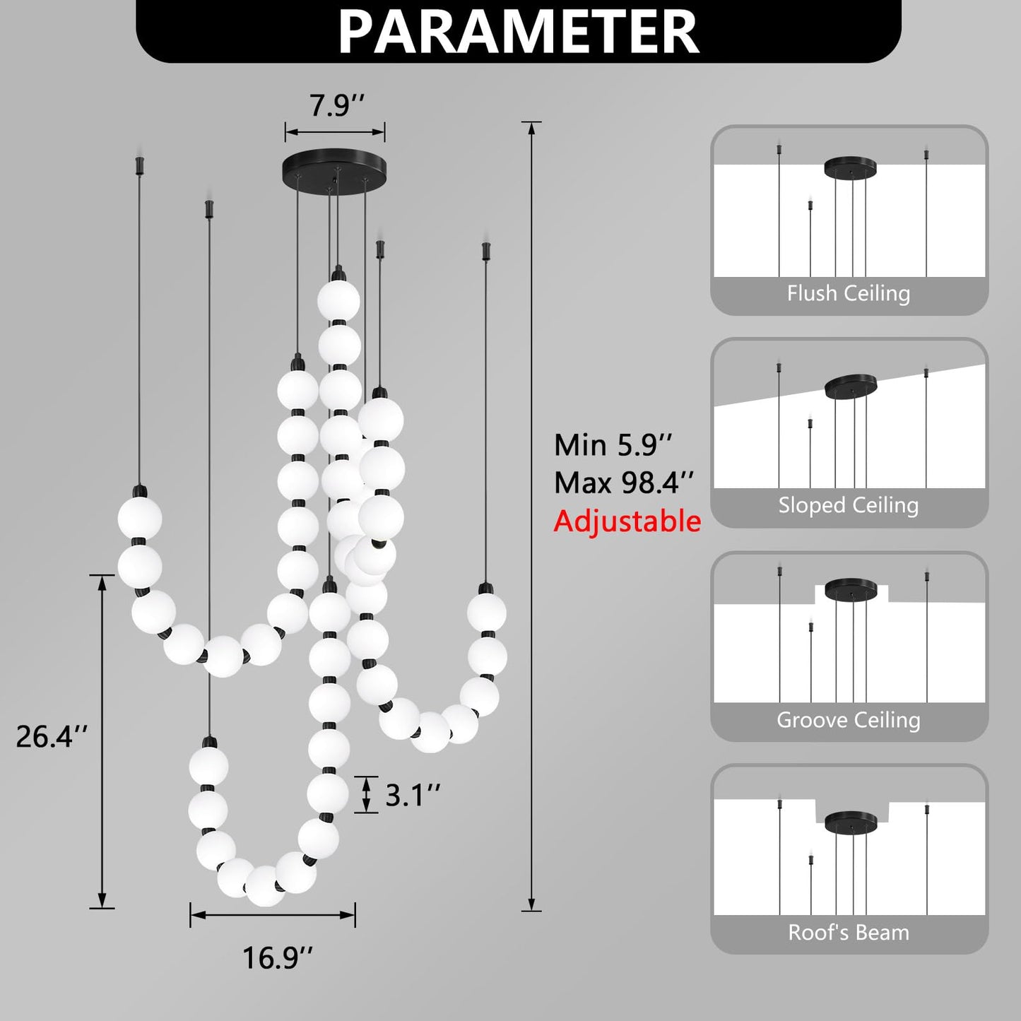 cenozo Modern Chandeliers LED Dimmable Light Acrylic Balls Ceiling Pendant Lighting for Living Room Dining Room Bedroom Adjustable Hanging Lights 90 Watts Black Lamp