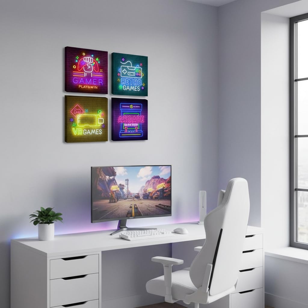 BLINFEIRU Game Room Decor Wall Art Video Gaming Pictures Canvas Prints 4 Piece Cool Pop Gaming Posters for Teen Room Boys Bedroom Framed Ready to Hang 12"x12"x4