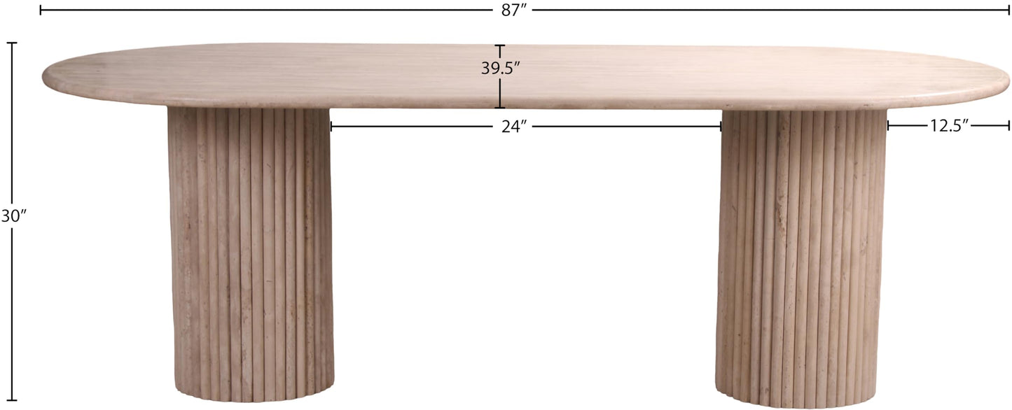 Meridian Furniture Messina Collection Art Deco Travertine Dining Table, Fluted Travertine Bases, Oval Top, 87" W x 39.5" D x 30" H, Beige Travertine