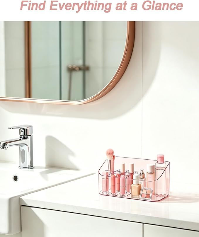 Makeup Tray Holder Organizer Cosmetic Display Case Tabletop Desktop Vanity Countertop Bathroom Wall Cabinet Medicine Storage Box 9 Dividers 2 Removable Women Ladies Girls Gifts Crystal Pink 1 PACK