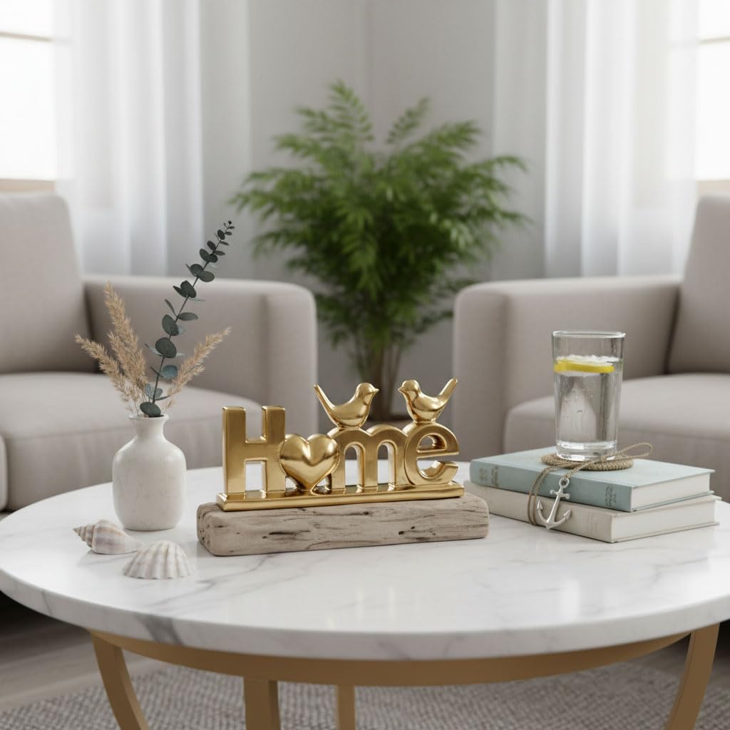 GAOSHENG Ceramic Home Letter Sign with Bird Statues,Modern Gold Tabletop Decor for Entryway,TV Stand & Floating Shelf,Warm Housewarming Gift for New Home,Elegant Family Room Ornament (Gold)