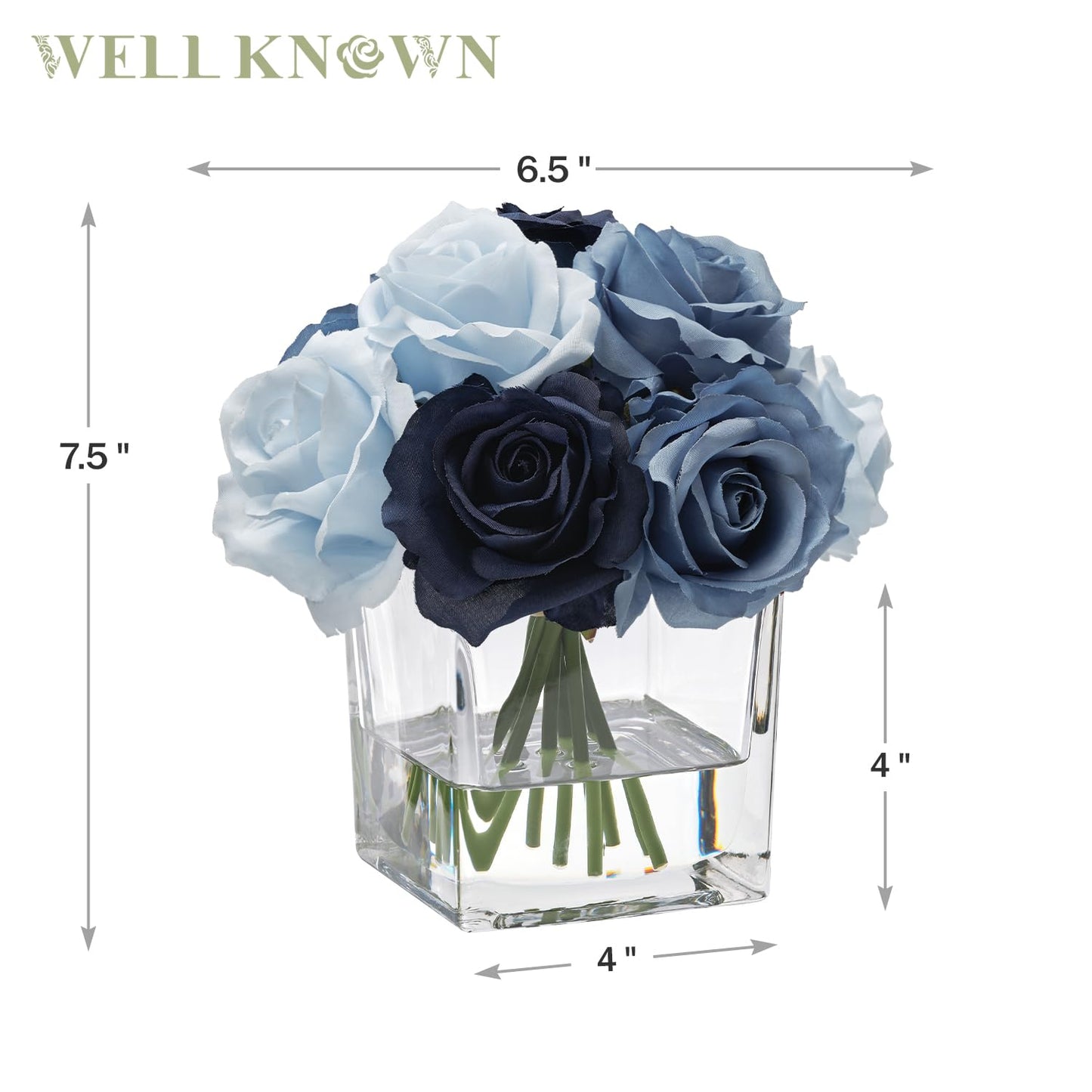 WELL KNOWN Rose Artificial Flowers in Vase with Faux Water, Silk Rose Table Centerpieces for Home Coffee Table Decor, Fake Roses Flower Arrangements for Office Hotel Lavatory Decor (Blue)
