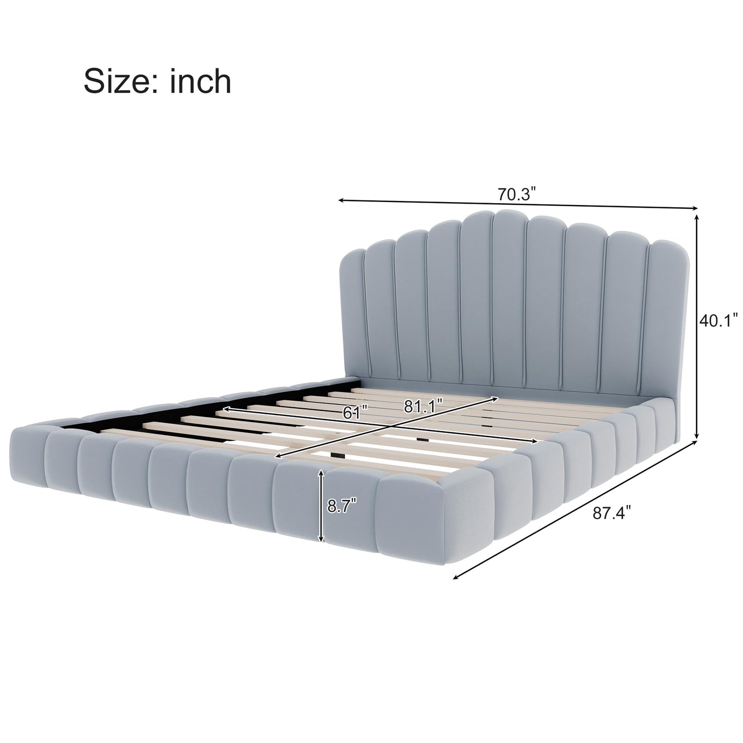 Merax Queen Size Floor Platform Bed Frame,Velvet Upholstered Bedframe with Shell-Shaped Headboard and Cushioning All Around Guards for Bedroom,No Box Spring Needed,Light Blue