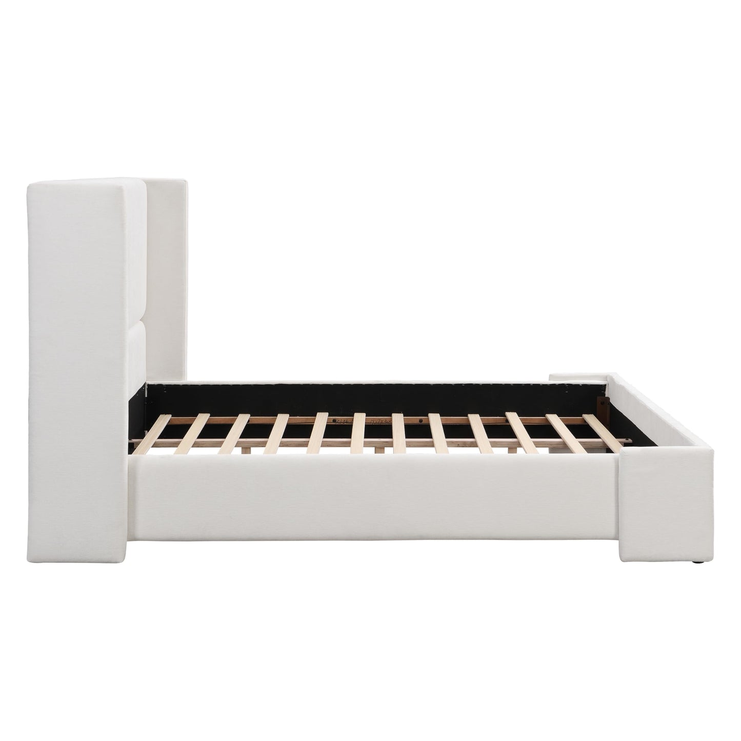 Merax King Size Bed Frame, Elegant White Upholstered Platform Bed with 41.1" Tall Wingback Headboard for Bedroom, Solid Wood Slats Support, No Box Spring Needed, Easy Assembly