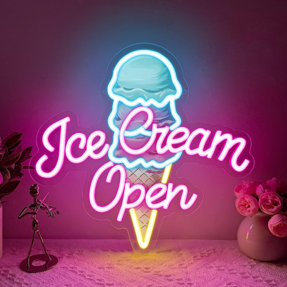 Ice Cream Neon Open Signs,Ice Cream Neon Signs for Wall Decor,Adjustable Brightness Led Neon Open Signs for Business Store,Cafe,Bar,Party,Bedroom Decor,Birthday,Christmas