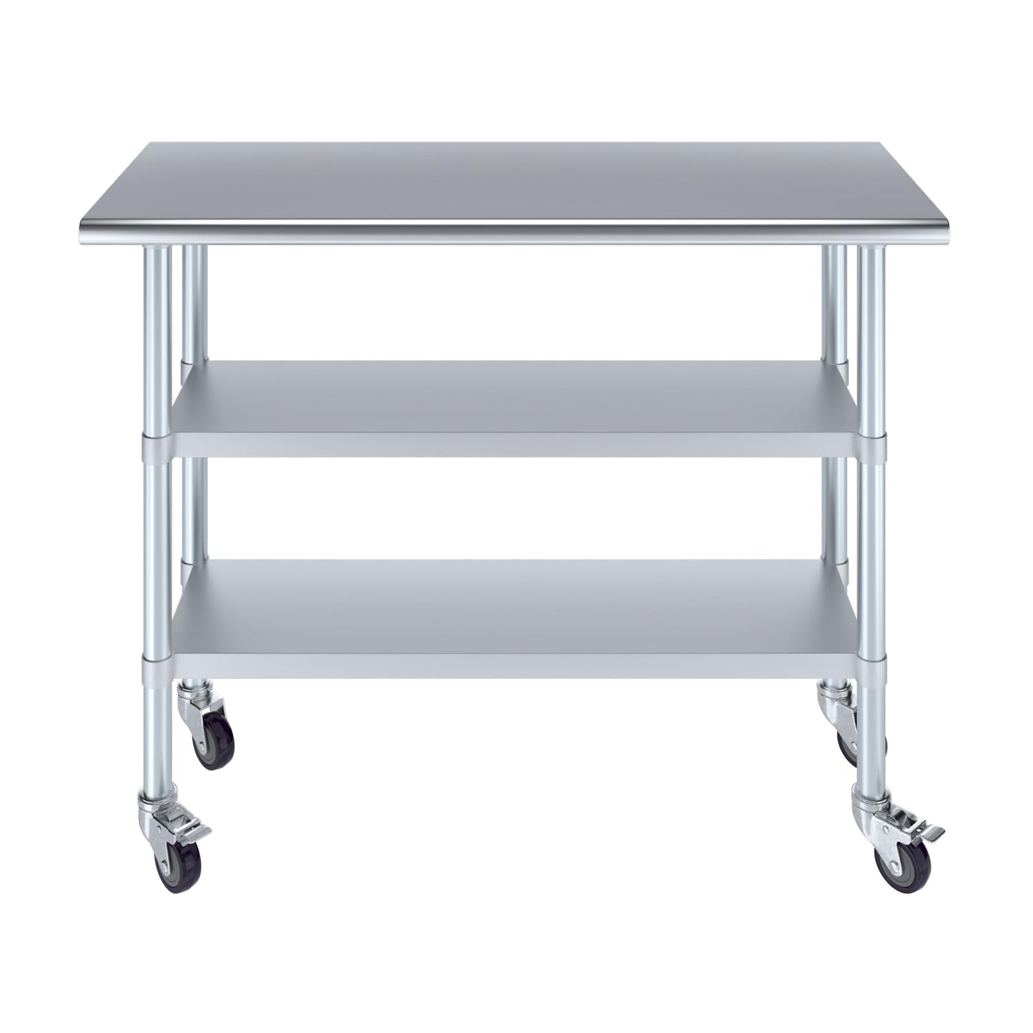 AmGood Stainless Steel Work Table with 2 Shelves with Casters | Metal Utility Table | Commercial & Residential NSF Utility Table (Stainless Steel Table with 2 Shelves, 48'' Long x 18'' Deep)