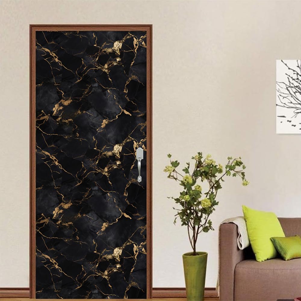 REDAMANCY Modern Black Gold Marble Abstract Peel and Stick Door Stickers Vinyl Mural Decals Decor Modern Wallpaper Self-Adhesive, Waterproof, Removable