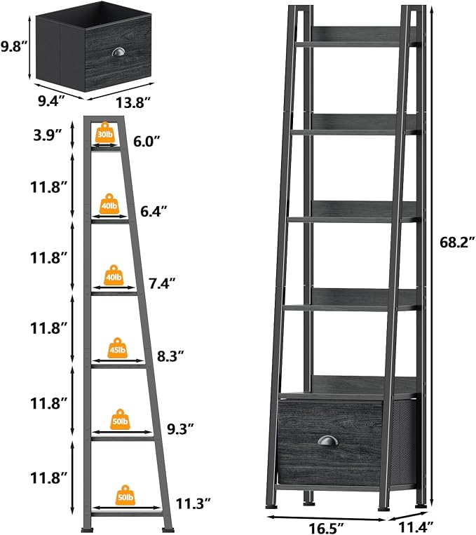 Furologee Bookshelf Set of 2, 6-Tier Ladder Shelf, Ladder Bookshelf with Drawer, Set of 2 Bookshelves, Wood Metal Freestanding Storage Shelf for Living Room, Home Office, Bedroom, Kitchen,Black Oak