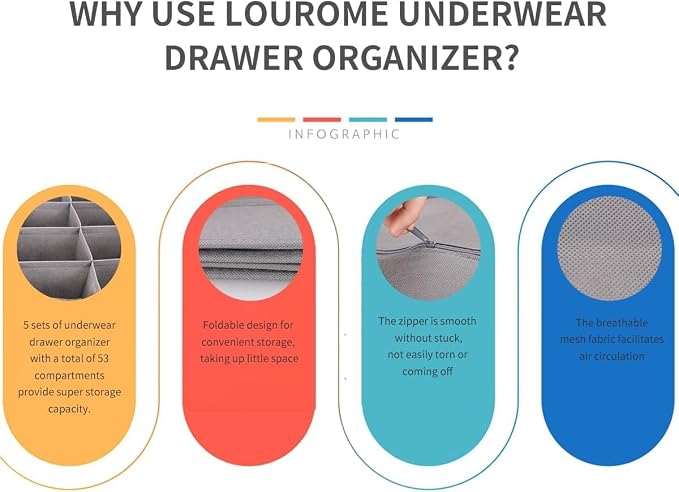 Lourome Underwear Organizer, 10 Set Foldable Fabric Underwear Drawer Organizer and Sock Organizer, Drawer Organizers for Clothing, Storage Bins for Underwear, Sock, Bra and Tie