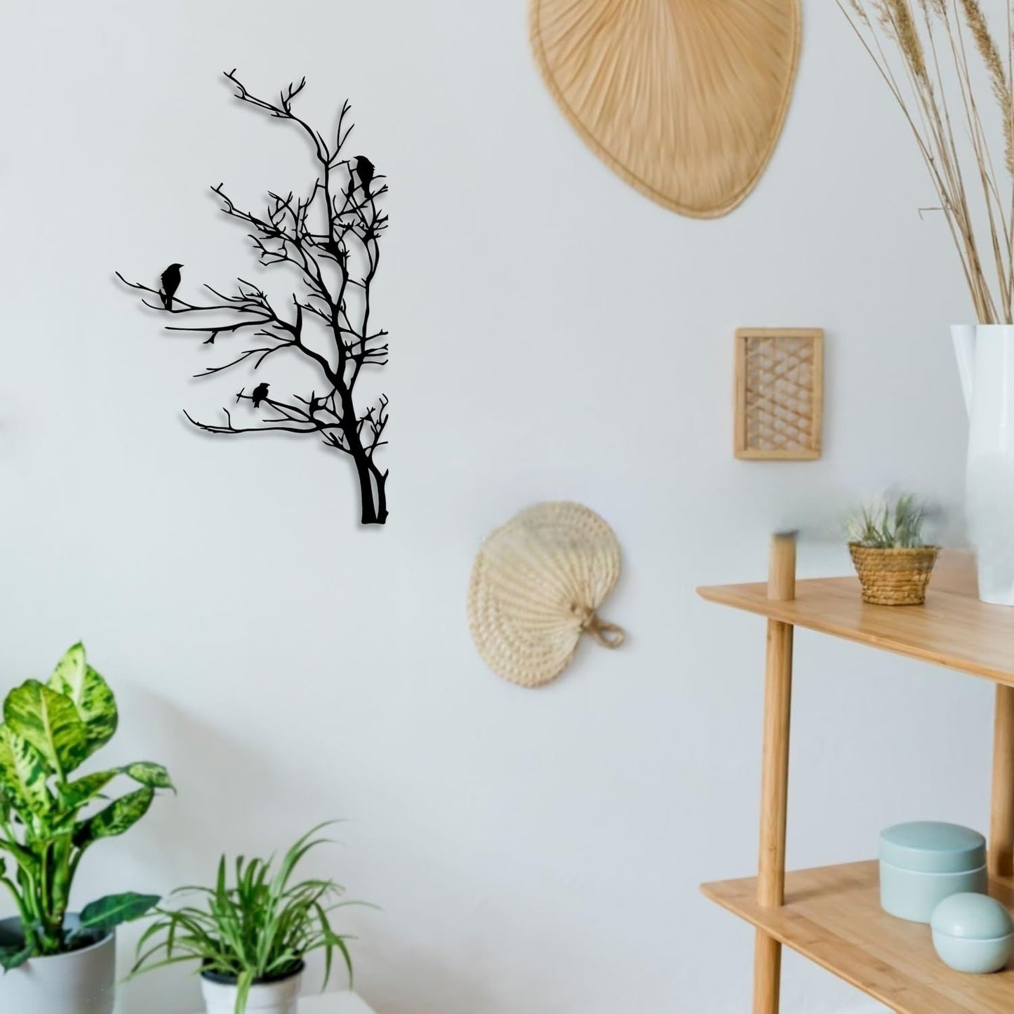 LIYOUYA Bird on a Branch Metal Wall Decor - Rustic Farmhouse Room Decor Simple Black Wall Art Home Decor for Living Room, Bathroom, Bedroom, Dining Room, Garden, Courtyard (Black)
