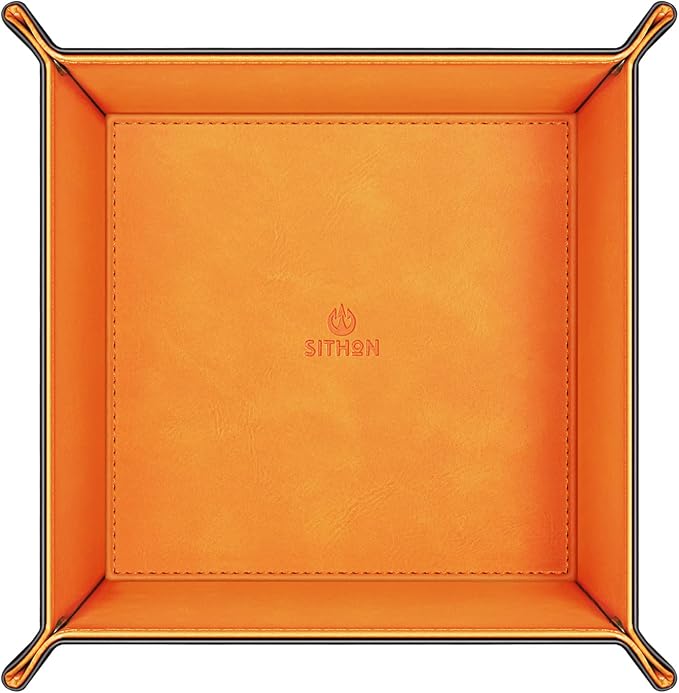 SITHON Valet Tray Desktop Storage Organizer – Premium PU Leather Catchall Bedside Vanity Tray Nightstand Caddy Holder for Remote Controller, Keys, Phone, Wallet, Coin, Jewelry (Orange)